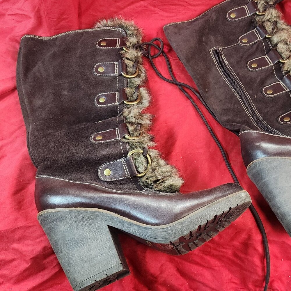 Lucky Brand Fake Fur Lined knee high Boots 8.5 Lace up with Inner Zipper